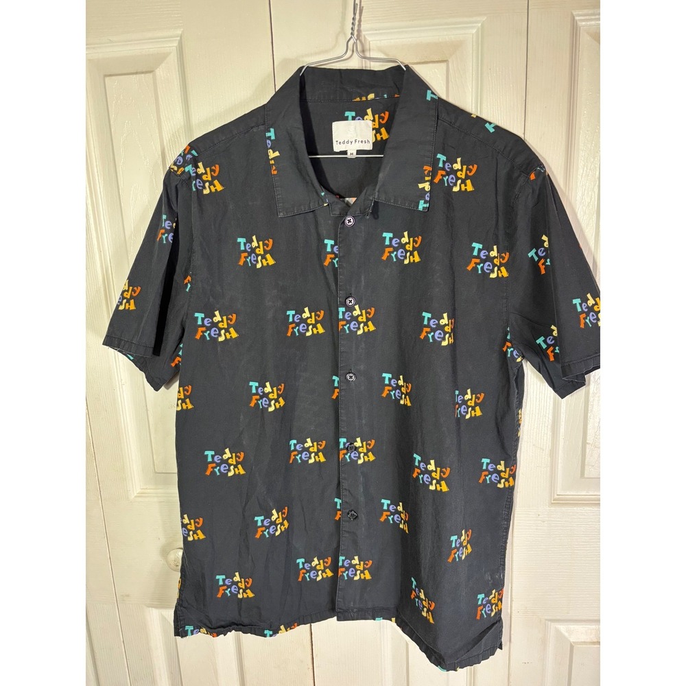 Teddy Fresh Button Down Shirt Men's Medium Black Multi Logo Print Short‎ Sleeve